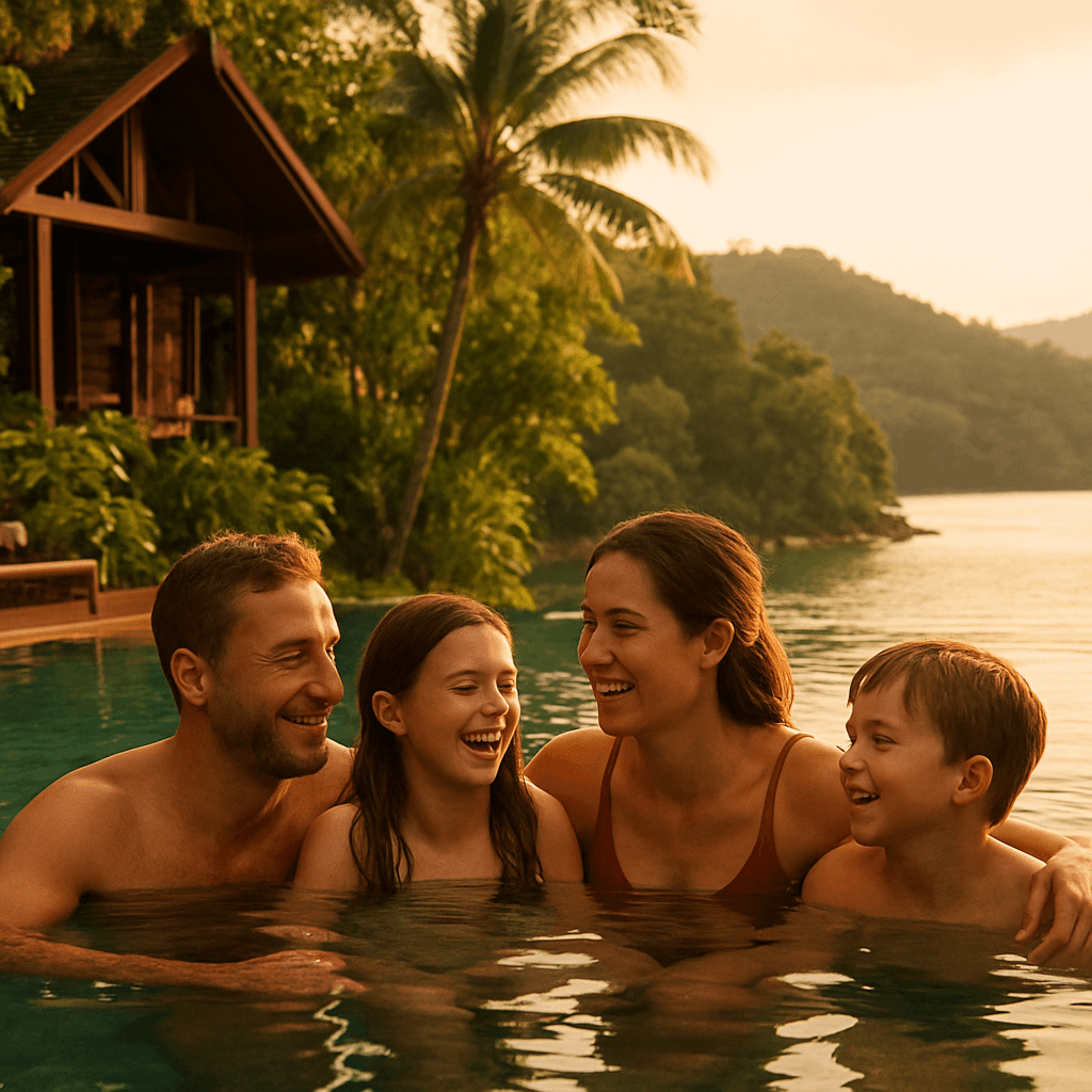Resort pool at sunset with guest walking along the water